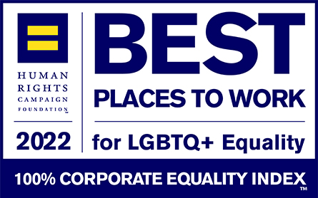 2022 Human Rights Campaign badge showing a 100% score and designation Best Places to Work for LGBTQ+ equality.