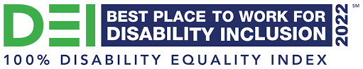 2022 Disability Equality Index badge showing a 100% score and designation Best Place to Work for Disability Inclusion. 
