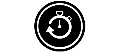 Black-and-white icon of stopwatch with arrow.