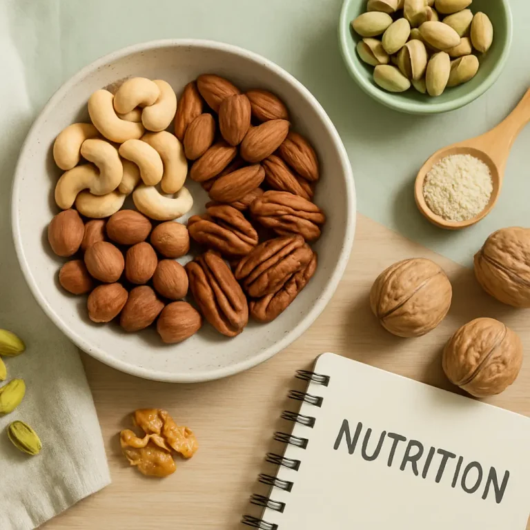 Assorted nuts including cashews, almonds, pecans, and walnuts displayed in bowls on a table with a notepad labeled 'Nutrition,' symbolizing healthy eating and wellness.