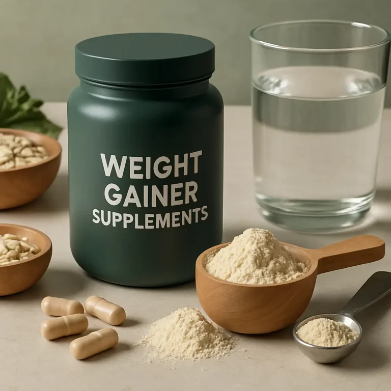 Weight gainer supplements jar alongside powder and capsules, emphasizing vitamins, fitness, and wellness.