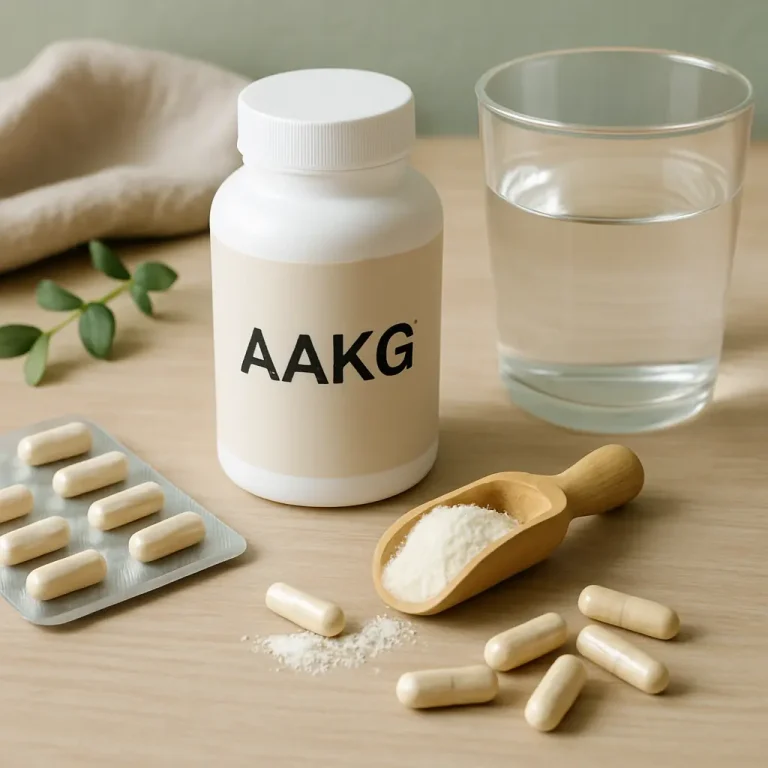 AAKG supplement bottle with capsules, powder scoop, and a glass of water on a table; keywords: fitness, wellness, supplements, healthy eating.