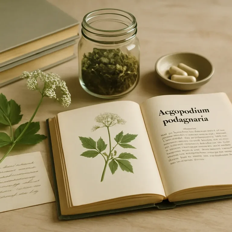 A botanical book open to a page showing an illustration of Aegopodium podagraria next to a glass jar of dried herbs, a small dish with capsules, and fresh plant sprigs, symbolizing natural health remedies and wellness supplements.