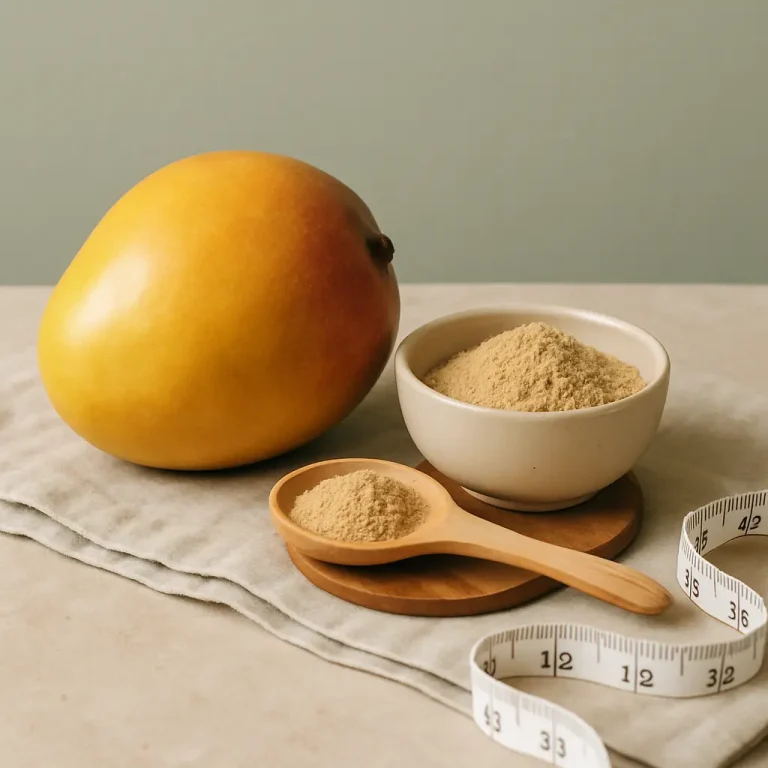 Mango next to a bowl and spoon filled with protein powder, emphasizing healthy eating, wellness, and fitness supplements, with a measuring tape in the background.