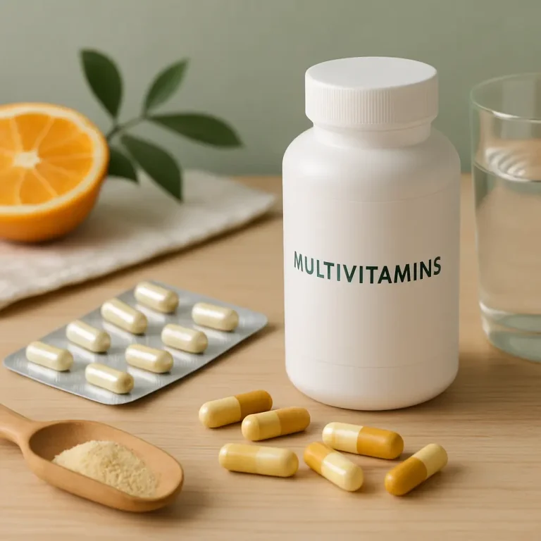 Multivitamins bottle next to capsules, powder on a wooden spoon, a halved orange, and a glass of water, symbolizing fitness and wellness through vitamins and healthy eating.