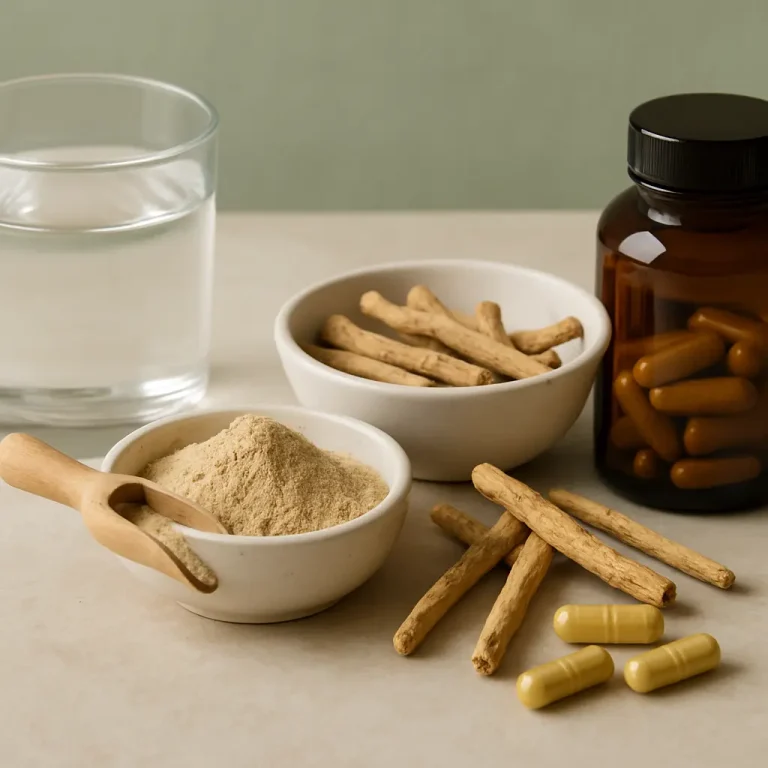 Ashwagandha root powder and capsules on a table, representing wellness supplements and herbal vitamins for healthy living.