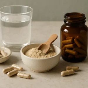 Powdered supplements in a bowl with a wooden scoop, surrounded by capsules and a brown bottle, next to a glass of water, emphasizing vitamins, fitness, and wellness.