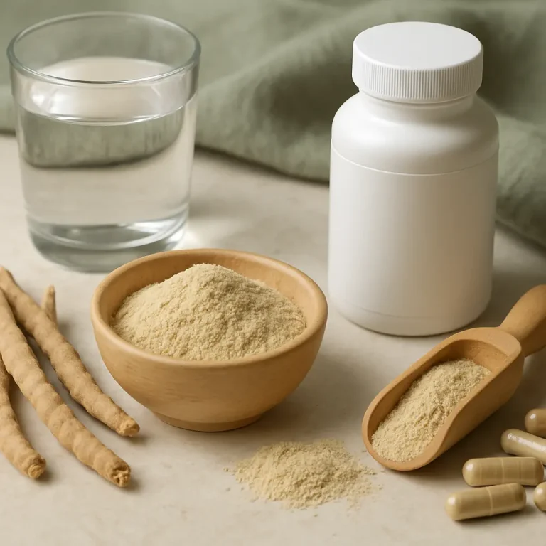 Wooden bowl of dietary powder, empty white supplement bottle, glass of water, and scattered capsules, symbolizing wellness, fitness, vitamins, and healthy eating.