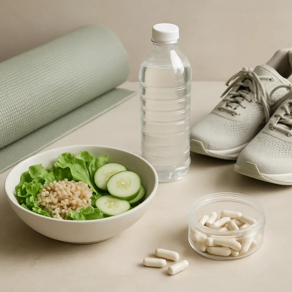 A healthy lifestyle setup featuring a fresh salad with lettuce, cucumber, and grains, bottled water, supplements in a jar, athletic shoes, and a yoga mat, highlighting fitness, vitamins, and wellness.