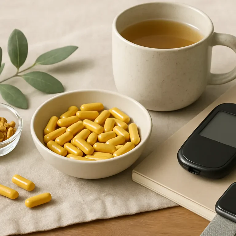 Yellow vitamin supplements in a bowl beside a cup of herbal tea, a glucometer, and a green leaf, emphasizing wellness, healthy eating, and fitness.