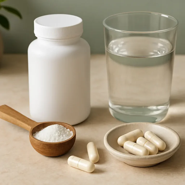 Bottle of vitamins and supplements, a wooden scoop of powdered supplement, glass of water, and capsules on a dish, promoting wellness, fitness, and healthy eating.
