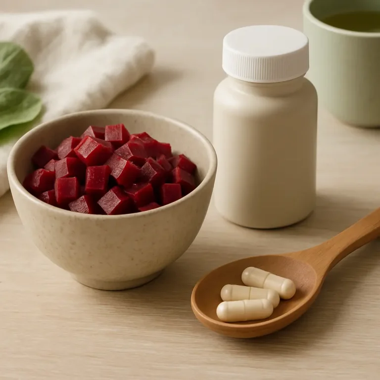A bowl of beetroot cubes accompanied by a bottle of supplements and a wooden spoon with capsules, highlighting themes of vitamins, fitness, and healthy eating.