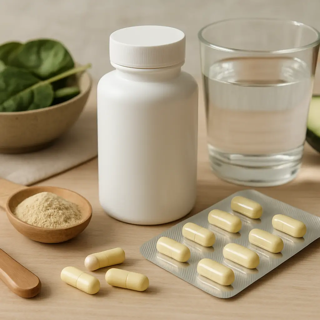 A white supplement bottle, a blister pack of yellow capsules, a wooden spoon with powder, a bowl of spinach, and a glass of water, symbolizing vitamins and healthy eating for wellness and fitness.