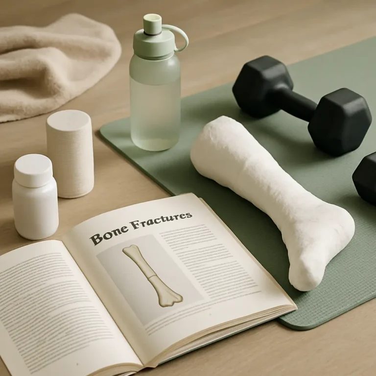 Open book on bone fractures, fitness mat with dumbbell and bone model, water bottle, supplements, towel, emphasizing wellness and healthy living.