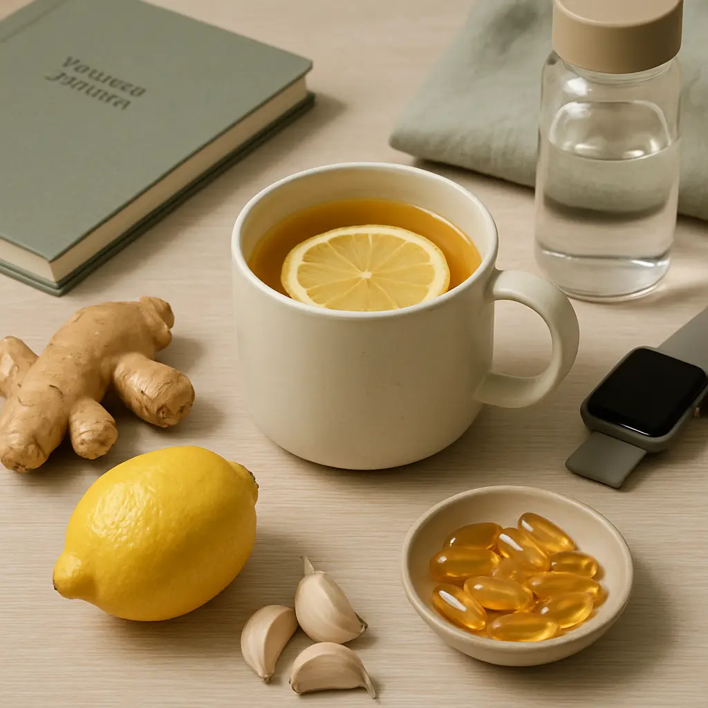 Cup of lemon tea with ginger and garlic, accompanied by vitamin supplements, promoting wellness and healthy eating.