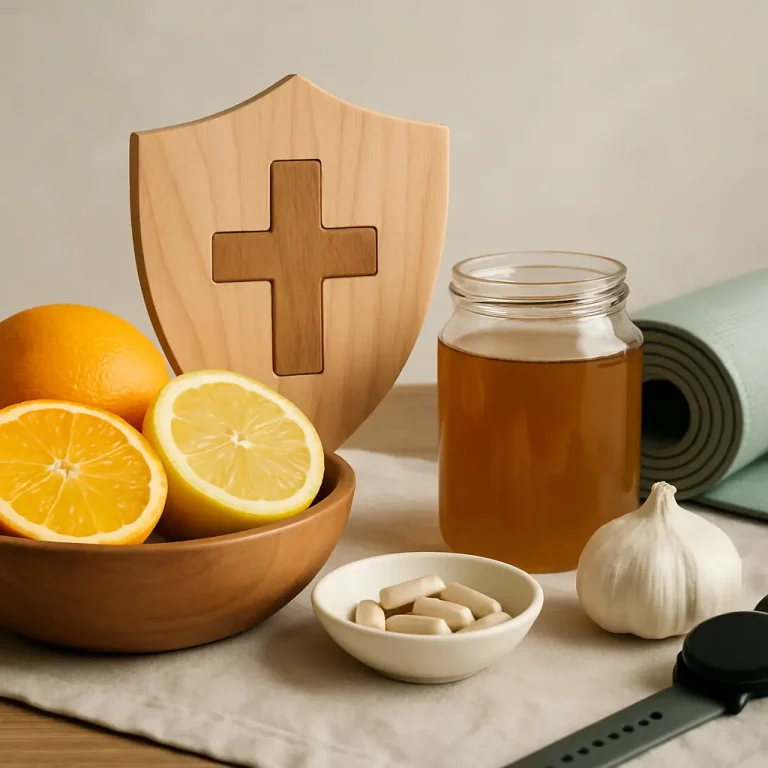 A wooden shield with a cross design sits behind a bowl of sliced oranges and lemons, next to a jar of herbal tea, a garlic bulb, vitamin supplements, and a fitness tracker, suggesting a focus on vitamins, wellness, and healthy living.