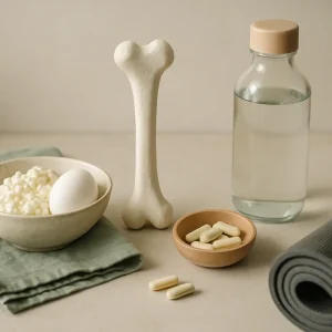 Healthy lifestyle concept with supplements, cottage cheese, egg, water bottle, and yoga mat symbolizing vitamins, fitness, wellness, and healthy eating habits.