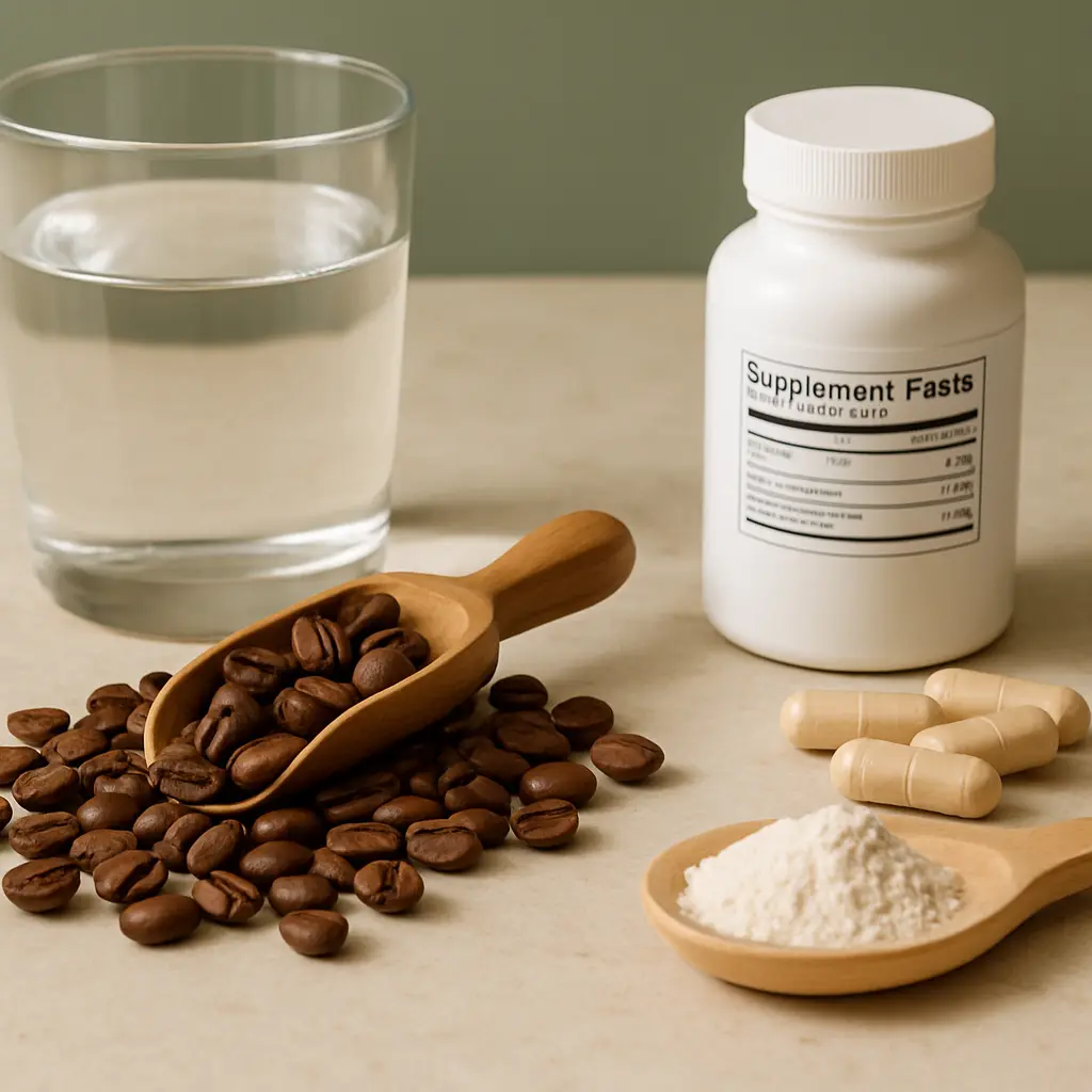 Glass of water and a bottle of "Supplement Fasts" next to coffee beans, white capsules, and powdered supplements, featuring wellness, fitness, and healthy living concepts.