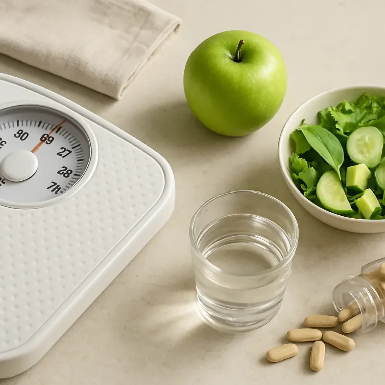 Weight scale with apple, water, salad, and supplements promoting fitness, healthy eating, and wellness.