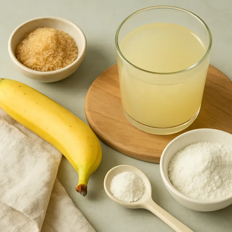 Glass of lemon water surrounded by a banana, a bowl of brown sugar, a spoon of salt, and a bowl of powdered supplement, emphasizing nutrition, wellness, and healthy eating.