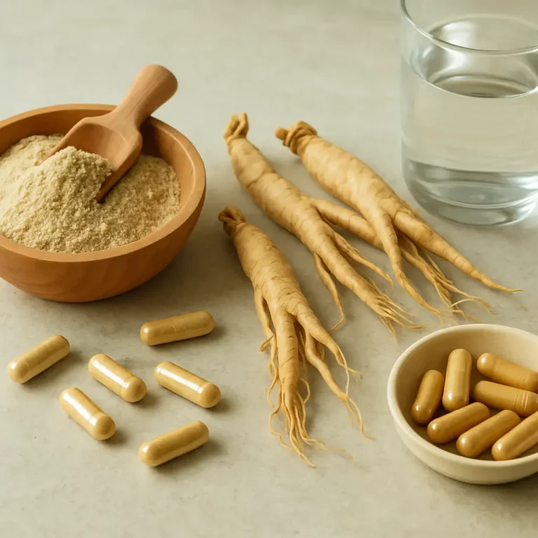 Ginseng roots, powdered supplement in a wooden bowl, capsules, and a glass of water on a table, symbolizing vitamins, wellness, and healthy eating.