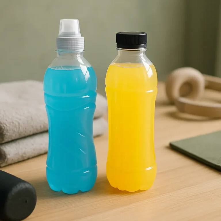 Two bottles of colorful fitness drinks, one blue and one yellow, on a wooden table alongside workout gear, suggesting hydration and energy supplements for wellness and active lifestyles.