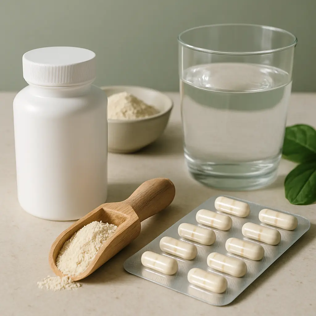 A bottle of supplements, a wooden scoop of protein powder, a blister pack of capsules, and a glass of water, representing vitamins, fitness, and healthy eating.