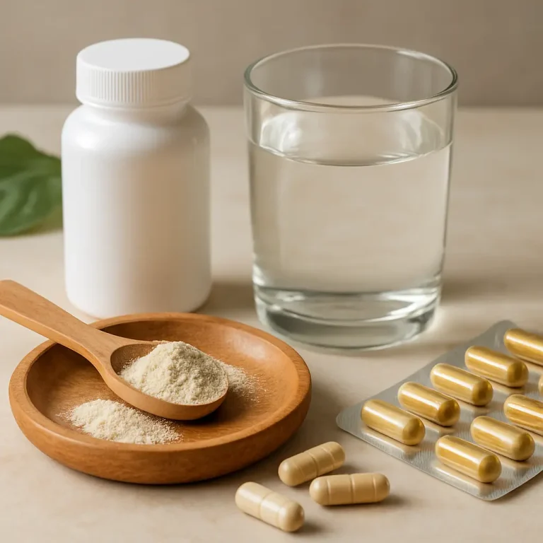A table displaying a bottle of vitamins, a glass of water, a wooden spoon with protein powder, and a blister pack of capsules, highlighting supplements and wellness essentials for fitness and healthy eating.