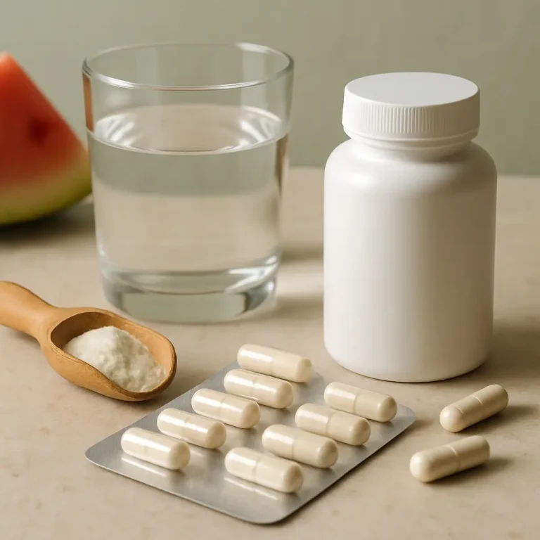 A white bottle of supplements next to a blister pack of capsules, a wooden scoop of white powder, a glass of water, and a slice of watermelon, symbolizing wellness, vitamins, healthy eating, and fitness.