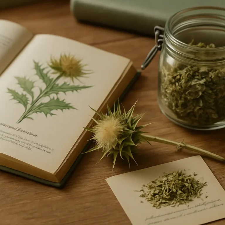 Herbal wellness scene with an open botanical book showing a thistle illustration, a jar of dried herbs, and a thistle flower stem, promoting natural supplements and healthy eating.