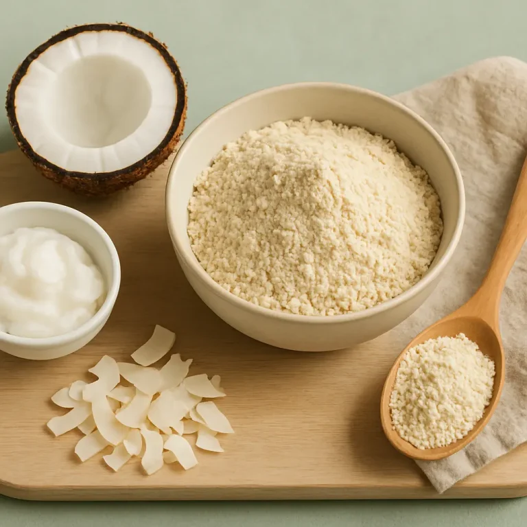 Coconut-based wellness ingredients on a wooden tray, featuring coconut flour, coconut oil, and coconut flakes, promoting healthy eating and fitness nutrition.