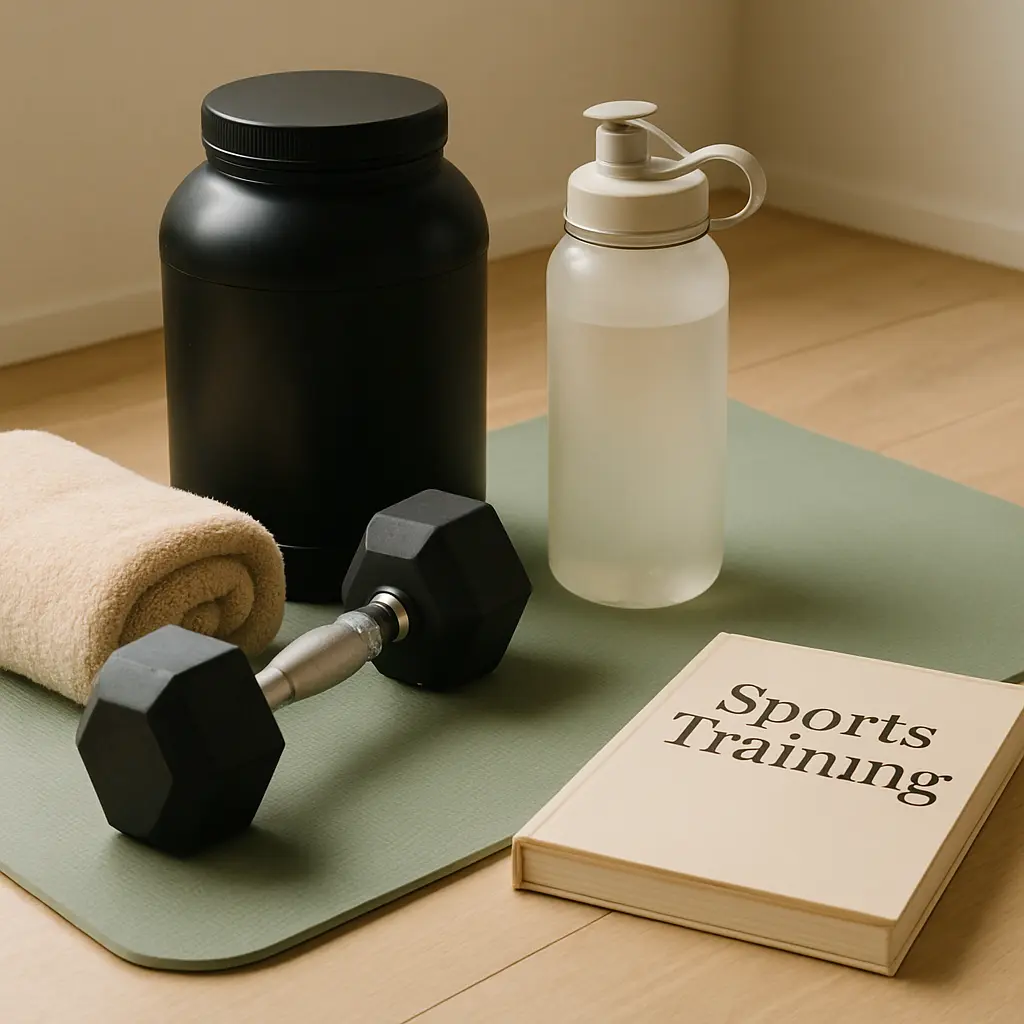 A fitness setup featuring a black supplement container, a clear water bottle, a dumbbell, a folded towel, and a sports training book on a yoga mat, promoting wellness and healthy living.