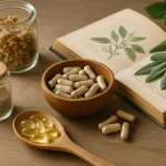 Wooden bowl and spoon containing vitamin capsules and supplements, with a jar of granola and an open book with botanical illustrations, emphasizing healthy eating and wellness.