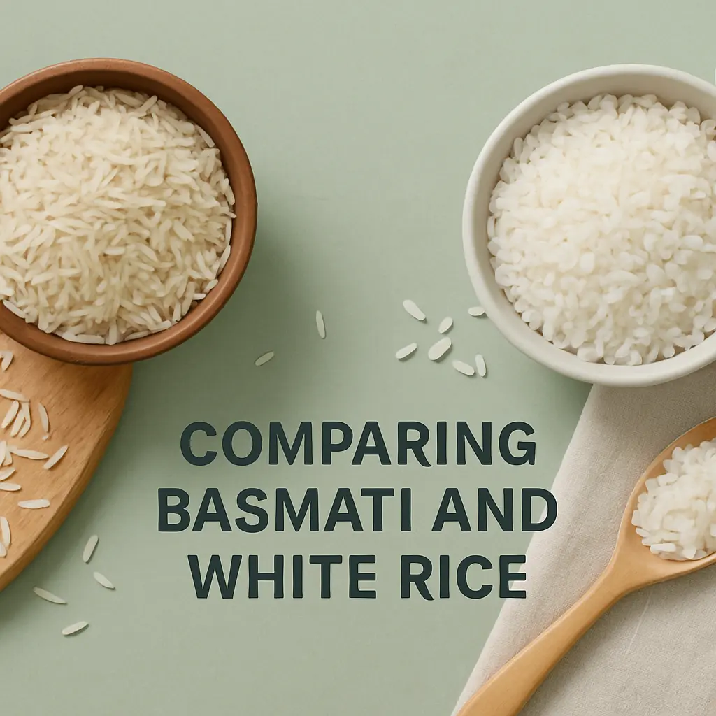 Comparison of basmati and white rice in bowls on a wooden surface, emphasizing healthy eating and nutrition choices.