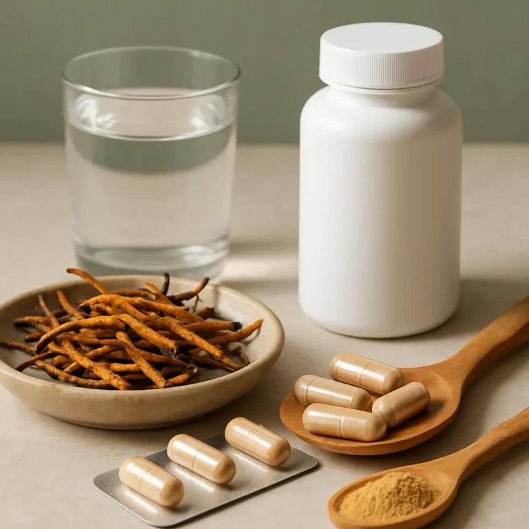 Health supplements and capsules next to a glass of water, emphasizing fitness and wellness with natural ingredients and vitamins.