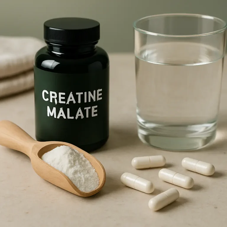 Creatine malate supplement bottle with capsules, a glass of water, and a scoop of powder, symbolizing fitness, muscle gain, and wellness.