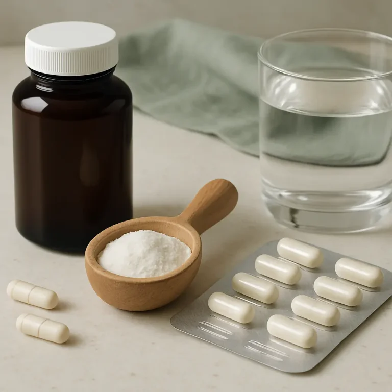 Assorted supplements including a brown bottle, capsules, a wooden scoop of powder, and a glass of water on a table, emphasizing wellness and fitness.