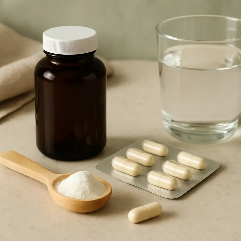 A dark brown supplement bottle with a white cap beside a glass of water, a blister pack of capsules, and a wooden spoon filled with white powder, emphasizing vitamins, supplements, and wellness.