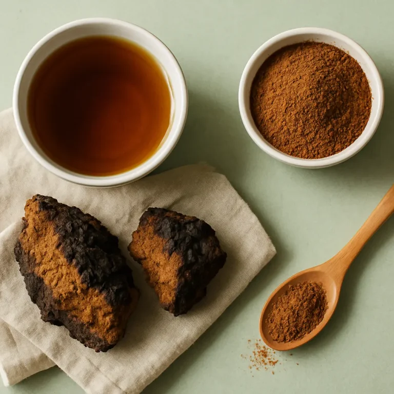 Chaga mushroom tea, ground Chaga powder, and raw Chaga chunks for natural wellness and immune support, presented on a green background.