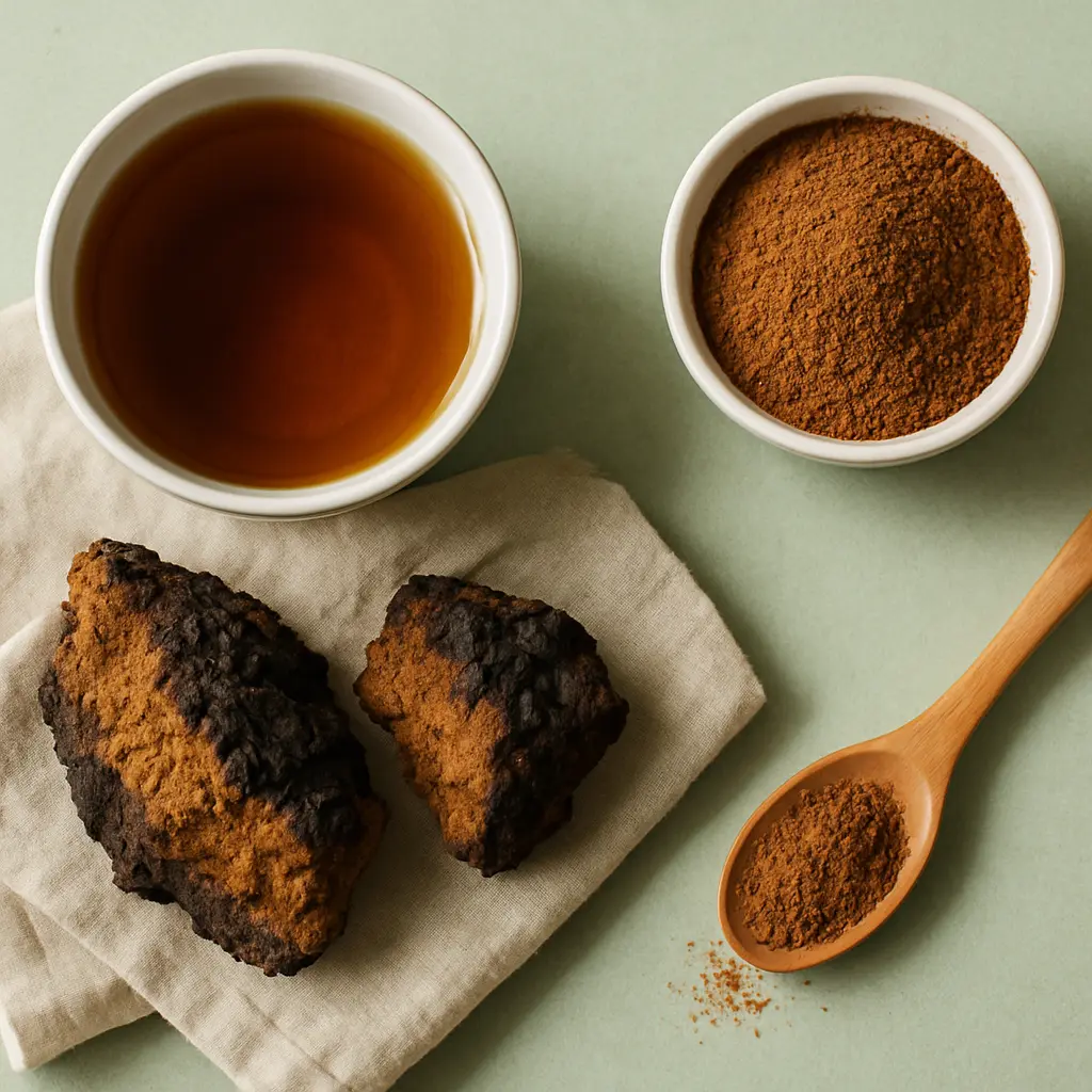 Chaga mushroom tea, ground Chaga powder, and raw Chaga chunks for natural wellness and immune support, presented on a green background.