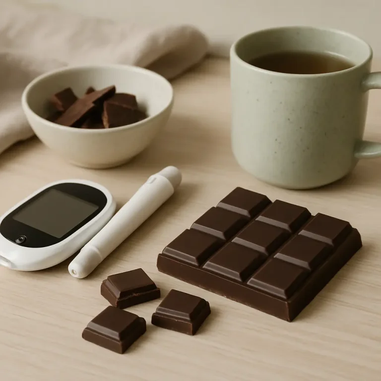 Dark chocolate squares and a cup of tea next to a glucose meter and testing pen, symbolizing balanced eating and diabetes management.