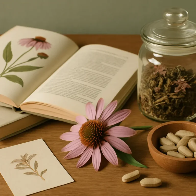 Echinacea flower next to herbal supplement pills and an open book, emphasizing natural wellness and healthy eating.