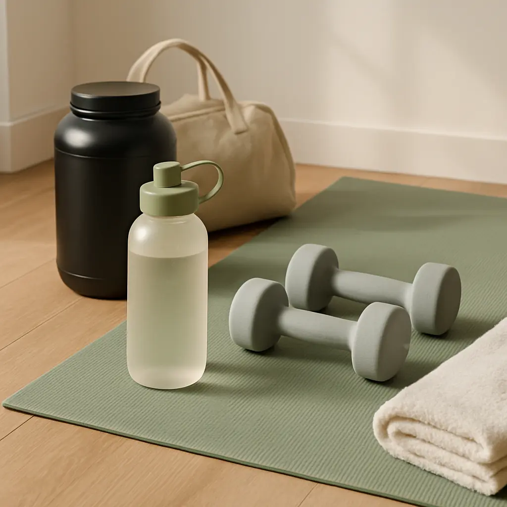 Fitness equipment including a water bottle, dumbbells, and a towel placed on a green yoga mat, with a supplement container and gym bag in the background, illustrating a healthy lifestyle focus on vitamins and wellness.
