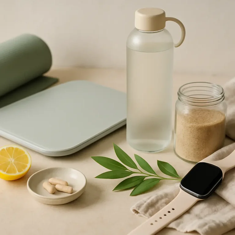 Fitness and wellness setup with a yoga mat, water bottle, jar of supplements, smart watch, lemon slice, and vitamin pills, emphasizing healthy eating and fitness routines.