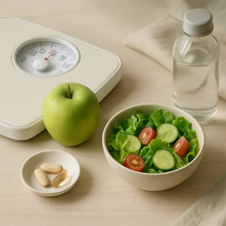 A setting featuring a bathroom scale, a green apple, a bowl of salad with lettuce, cucumbers, and cherry tomatoes, a bottle of water, and a small dish of supplements, emphasizing wellness, fitness, healthy eating, and vitamins.