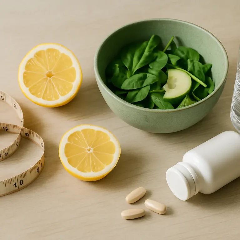 A bowl of fresh spinach leaves next to a sliced lemon, vitamin pills, a water bottle, and a measuring tape, symbolizing wellness, fitness, healthy eating, and supplements.