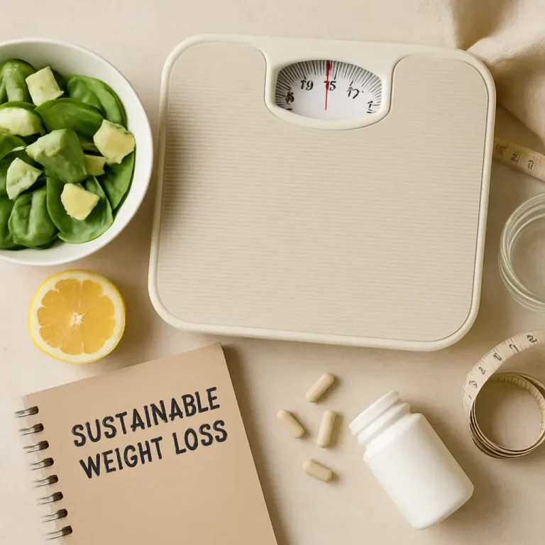 A flat lay image showing a bathroom scale, a bowl of spinach and avocado, a half lemon, a notebook labeled 'Sustainable Weight Loss,' a bottle with supplements, and a measuring tape, emphasizing fitness, wellness, healthy eating, and weight management.