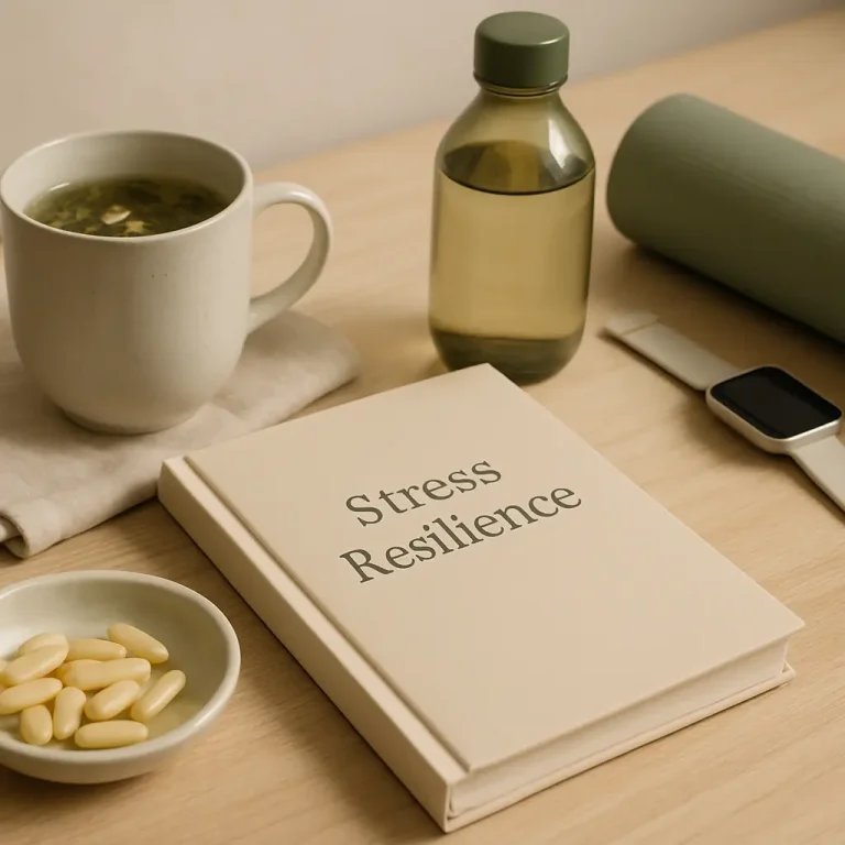 A table with a stress resilience book, a bowl of vitamins, a cup of herbal tea, a water bottle, a yoga mat, and an exercise watch, promoting wellness and healthy lifestyle.
