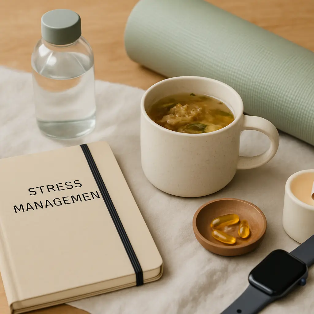 A flat lay featuring stress management essentials including a notebook, a cup of herbal tea, a water bottle, a small bowl of vitamin supplements, a smartwatch, and a yoga mat, emphasizing wellness and healthy lifestyle.