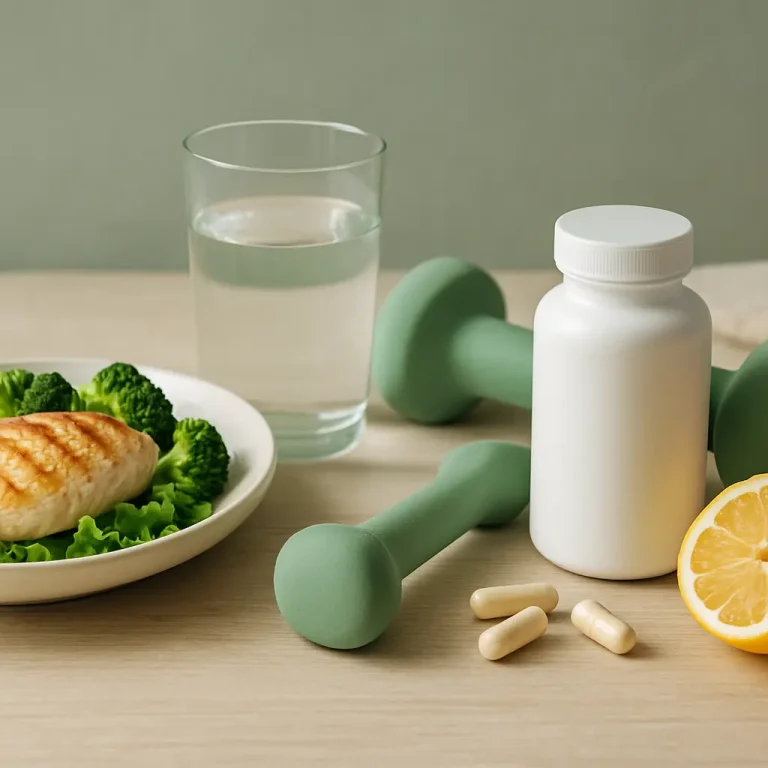 A fitness-themed setup with a plate of grilled chicken and broccoli, a glass of water, a white supplement bottle, green dumbbells, and capsules, emphasizing healthy eating, vitamins, and wellness.